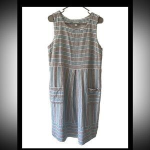 J. Jill Love Linen Sleeveless Striped White Blue Tan Dress With Pockets L Tall